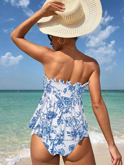طقم تانكيني حريمي Swim مجموعة من ملابس علوية كروب وبكيني بالكرانيش والحمالات السباغيتي بطبعات عشوائية من الأزرق والأبيض، للنساء، صيفية