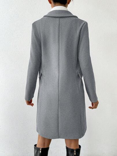 SHEIN PETITE معطف كاجوال أحادي اللون مزدوج الصدر للخريف / الشتاء