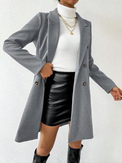SHEIN PETITE معطف كاجوال أحادي اللون مزدوج الصدر للخريف / الشتاء