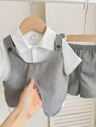 SHEIN مجموعة 3 قطع للاطفال الرضع البنين للربيع والصيف متألقة على الطراز الكوري - سترة رمادية جميلة، قميص أكمام طويلة، شورت بخصر مطاطي - مناسبة للحفلات، السهرات، الأعراس، أفراح الأطفال والاحتفالات شهر الميلاد