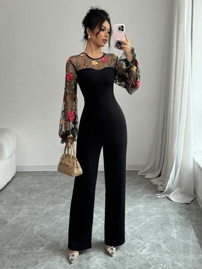 PETITE بدلة جمبسوت نسائية من الشبك ، بتصميم ضيق عصري بسيط ، للارتداء اليومي