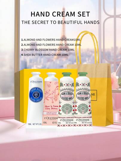 L'Occitane مجموعة كريم اليد الصغيرة من إن بروفانس، 10مل*4 (زبدة الشيا، اللوز، رائحة زهور الكرز الكلاسيكية)، كريم اليد المرطب - مناسب لجميع أنواع البشرة (شحنة عشوائية من الإصدارات الجديدة والقديمة)