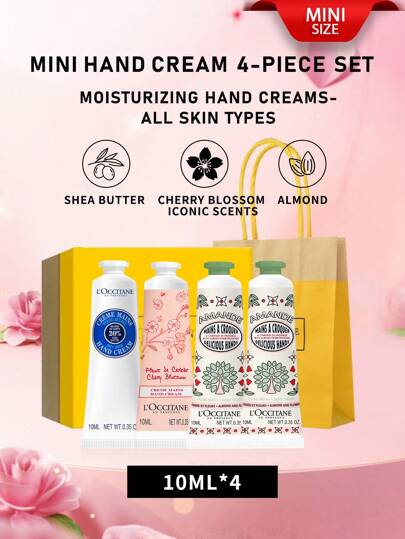L'Occitane مجموعة كريم اليد الصغيرة من إن بروفانس، 10مل*4 (زبدة الشيا، اللوز، رائحة زهور الكرز الكلاسيكية)، كريم اليد المرطب - مناسب لجميع أنواع البشرة (شحنة عشوائية من الإصدارات الجديدة والقديمة)