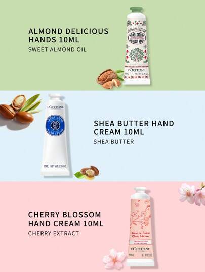L'Occitane مجموعة كريم اليد الصغيرة من إن بروفانس، 10مل*4 (زبدة الشيا، اللوز، رائحة زهور الكرز الكلاسيكية)، كريم اليد المرطب - مناسب لجميع أنواع البشرة (شحنة عشوائية من الإصدارات الجديدة والقديمة)