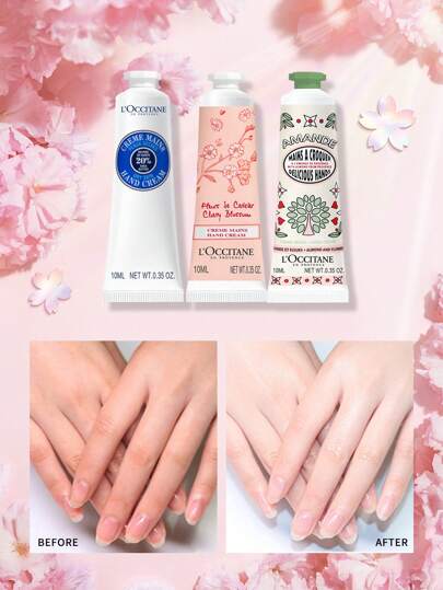 L'Occitane مجموعة كريم اليد الصغيرة من إن بروفانس، 10مل*4 (زبدة الشيا، اللوز، رائحة زهور الكرز الكلاسيكية)، كريم اليد المرطب - مناسب لجميع أنواع البشرة (شحنة عشوائية من الإصدارات الجديدة والقديمة)