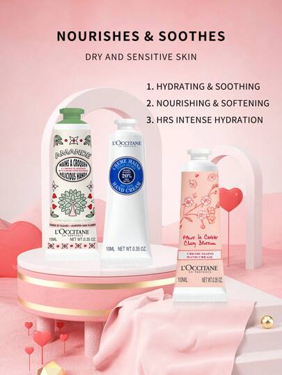 L'Occitane مجموعة كريم اليد الصغيرة من إن بروفانس، 10مل*4 (زبدة الشيا، اللوز، رائحة زهور الكرز الكلاسيكية)، كريم اليد المرطب - مناسب لجميع أنواع البشرة (شحنة عشوائية من الإصدارات الجديدة والقديمة)