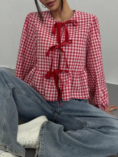 EZwear بلوزة نسائية فضفاضة بأكمام طويلة ذات كشكشة من الاحمر والأبيض بنمط مربعات رجعي حديث من الفلوت