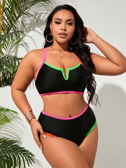 Swim Lushoire مجموعة بيكيني قطعتين عصرية بحواف نيون متباينة بمقاس زائد للصيف والشاطئ