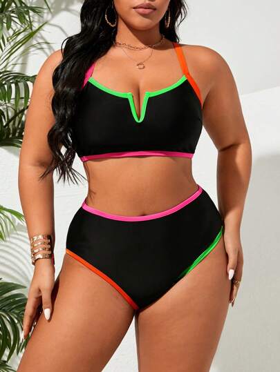 Swim Lushoire مجموعة بيكيني قطعتين عصرية بحواف نيون متباينة بمقاس زائد للصيف والشاطئ