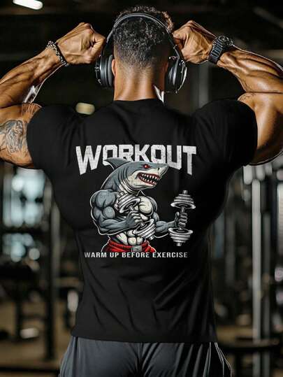 Manfinity Sport Corelite تي شيرت قصير الأكمام بطباعة حرف السمكة البيضاء للرجال ، ملابس رياضية