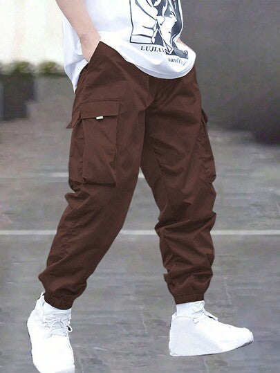 1 قطعة بنطلون خارجي غير رسمي لشباب المراهقين، مزين بشريط وأكياس وسحاب، مناسب للربيع والصيف والخريف والشتاء