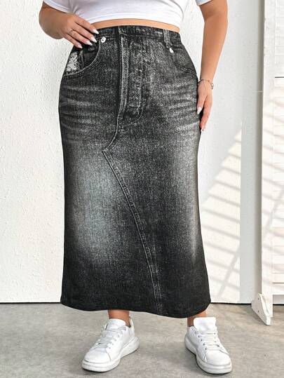 CURVE+ تنورة تأثير الجينز المطبوعة للنساء ذوات الأحجام الكبيرة (ليست جينز حقيقي)