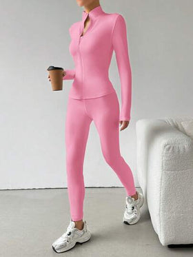 SHEIN EZwear مجموعة تريكو احجامين أسود، جاكيت بسحاب وبنطلون ضيق للرياضة