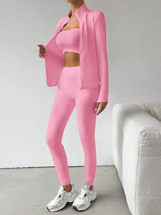 SHEIN EZwear مجموعة تريكو احجامين أسود، جاكيت بسحاب وبنطلون ضيق للرياضة