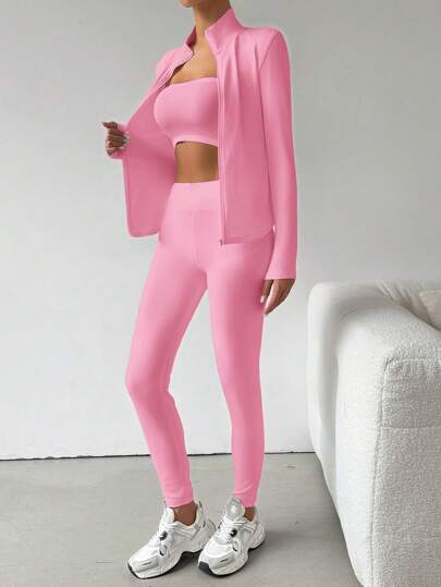 SHEIN EZwear مجموعة تريكو احجامين أسود، جاكيت بسحاب وبنطلون ضيق للرياضة