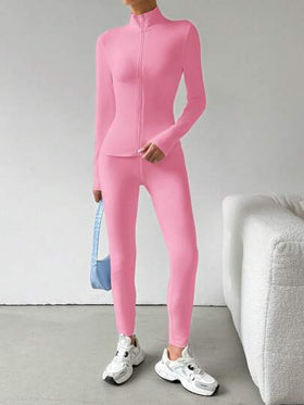 SHEIN EZwear مجموعة تريكو احجامين أسود، جاكيت بسحاب وبنطلون ضيق للرياضة