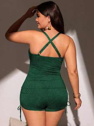 SHEIN Swim Curve امرأة بحجم كبير 2 قطعة بلون ثابت وياقة واسعة منخفضة الرقبة تغطي البطن شورت السباحة كاجوال للشاطئ والعطلات الصيفية