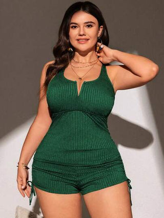 SHEIN Swim Curve امرأة بحجم كبير 2 قطعة بلون ثابت وياقة واسعة منخفضة الرقبة تغطي البطن شورت السباحة كاجوال للشاطئ والعطلات الصيفية