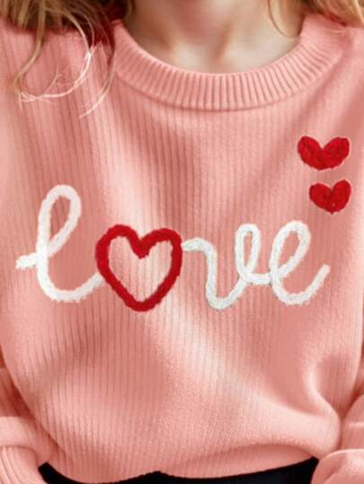 تيشيرتات بناتي كنزة صوفية كاجوال بأكمام طويلة وياقة طاقم مريحة للفتاة الشابة بنمط "LOVE" البسيط