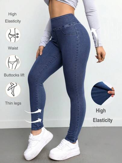 SHEIN بنطال جينز مشد أزرق داكن مطاطي للمراهقات