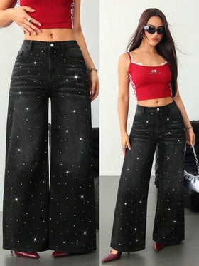 SHEIN Tall سراويل جينز للنساء العالية، سراويل جينز سوداء منخفضة الخصر فضفاضة مزينة بأحجار الراين اللامعة ، سراويل جينز واسعة بزخارف مترتبة للنساء منخفضة الخصر، سراويل تحتية للنساء العالية مزينة بترتر وبريق
