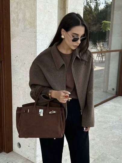 معطف نسائي موضة الخريف بياقة رجعية وأكمام طويلة وجيوب، جاكيت كاجوال طويلة الأكمام مناسبة للاستخدام اليومي