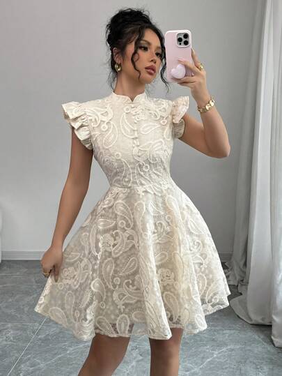 Rafferiza فستان نسائي أنيق قصير بياقة عالية ورقبة وأكمام قبعة من الدانتيل بتصميم خط A، مناسب للتواريخ والحفلات والحدائق وعيد الحب والعطلات