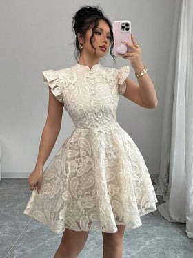 Rafferiza فستان نسائي أنيق قصير بياقة عالية ورقبة وأكمام قبعة من الدانتيل بتصميم خط A، مناسب للتواريخ والحفلات والحدائق وعيد الحب والعطلات