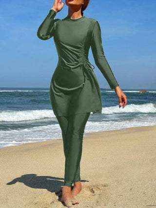 Swim Shayni مجموعة بركيني للنساء مكونة من 2 قطعة ، توب قصير بأكمام طويلة وبنطلون طويل لون سادة ، ملابس صيفية عربية