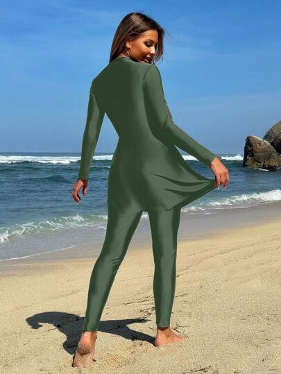 Swim Shayni مجموعة بركيني للنساء مكونة من 2 قطعة ، توب قصير بأكمام طويلة وبنطلون طويل لون سادة ، ملابس صيفية عربية