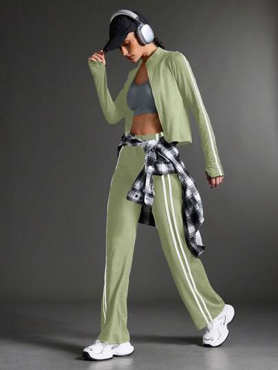 Streetz SHEIN Sport بدلة رياضية للنساء تشمل جاكيت وبنطلون، ملابس رياضية و للخارج والملابس اليومية، طقم ملابس ركض وتنشيط العضلات مع بنطلون ضيق للنساء