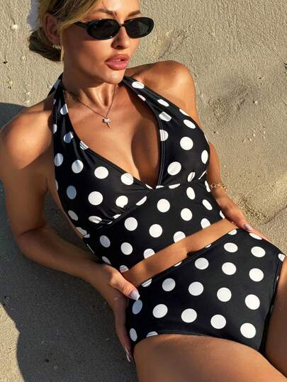 طقم تانكيني حريمي Swim Vcay مجموعة ملابس سباحة تنكيني بخصر مرتفع بتصميم عنق خطاف على شكل V وطباعة نقاط للمرأة للصيف والشاطئ والعطلات