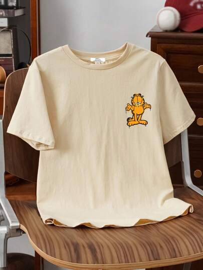 GARFIELD X SHEIN بلوزة كاجوال قصيرة الأكمام للفتية المراهقين مع طباعة قطة كرتونية وحروف، موضة الصيف