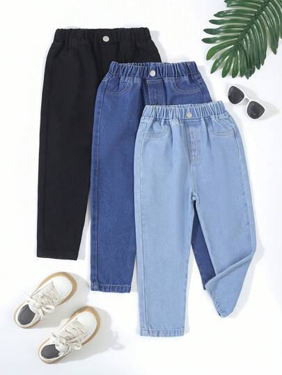 SHEIN Vintaside Kids 3 أزواج جينز للأولاد الصغار، موضة جديدة بقصة ضيقة ذات ساق متناقصة، جينز كاجوال يناسب جميع المناسبات، باللون الأسود والأزرق الغامق والأزرق الفاتح