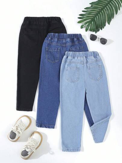 SHEIN Vintaside Kids 3 أزواج جينز للأولاد الصغار، موضة جديدة بقصة ضيقة ذات ساق متناقصة، جينز كاجوال يناسب جميع المناسبات، باللون الأسود والأزرق الغامق والأزرق الفاتح