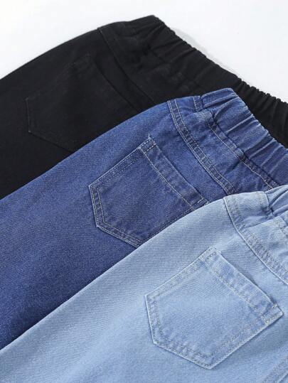 SHEIN Vintaside Kids 3 أزواج جينز للأولاد الصغار، موضة جديدة بقصة ضيقة ذات ساق متناقصة، جينز كاجوال يناسب جميع المناسبات، باللون الأسود والأزرق الغامق والأزرق الفاتح