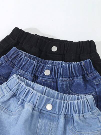 SHEIN Vintaside Kids 3 أزواج جينز للأولاد الصغار، موضة جديدة بقصة ضيقة ذات ساق متناقصة، جينز كاجوال يناسب جميع المناسبات، باللون الأسود والأزرق الغامق والأزرق الفاتح
