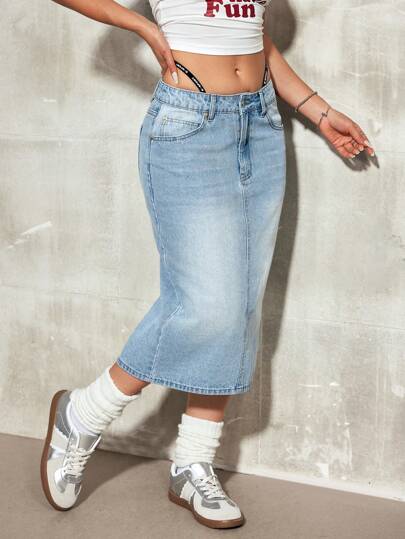 EZwear تنورة وسط من الجينز المغسول منخفضة الخصر للنساء, كاجوال