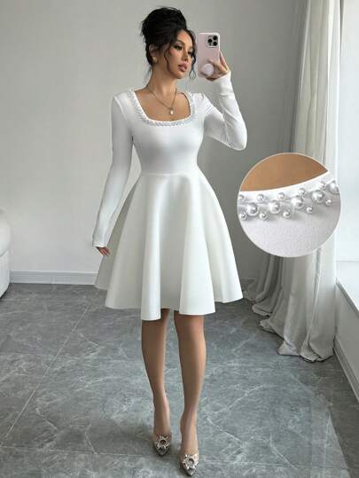 Rafferiza فستان أعياد ذات أكمام طويلة مطاطي مزين باللؤلؤ 3D للنساء، موسم الخريف/الشتاء