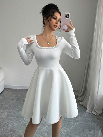 Rafferiza فستان أعياد ذات أكمام طويلة مطاطي مزين باللؤلؤ 3D للنساء، موسم الخريف/الشتاء