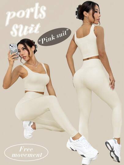 SHEIN Sport Studio 6 قطع من طقم الرياضة والاستخدام اليومي للنساء، يشمل: سترة شد الخصر ضيقة الياقة المربعة، سروال ضيق خصر عال، قمصان وسراويل للياقة البدنية بنمط أساسي مثير ومرفع للأرداف،مجموعة نساء مناسبة للتمرين