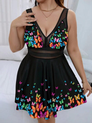 Swim Lushoire طقم بكيني للسيدات ذات الحجم الكبير قطعتين مطبوع بزهور رقبة على شكل حرف V، تحكم في البطن، أنيق للصيف