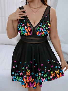 Swim Lushoire طقم بكيني للسيدات ذات الحجم الكبير قطعتين مطبوع بزهور رقبة على شكل حرف V، تحكم في البطن، أنيق للصيف