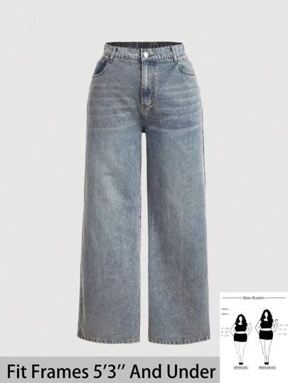SHEIN PETITE CURVE جينز نسائي واسع الساق ستريت مباشر بنمط رجعي أزرق ذو