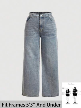 SHEIN PETITE CURVE جينز نسائي واسع الساق ستريت مباشر بنمط رجعي أزرق ذو