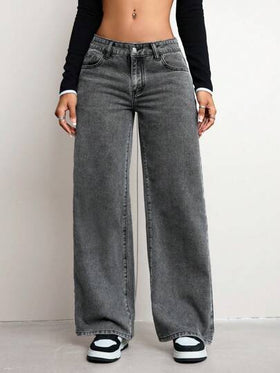 SHEIN ICON السراويل الجينز الكاجوال البسيطة ذات اللون الواضح للنساء