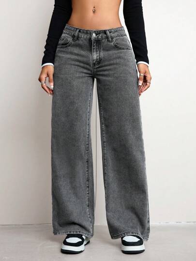 SHEIN ICON السراويل الجينز الكاجوال البسيطة ذات اللون الواضح للنساء