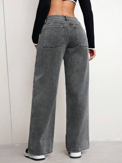 SHEIN ICON السراويل الجينز الكاجوال البسيطة ذات اللون الواضح للنساء