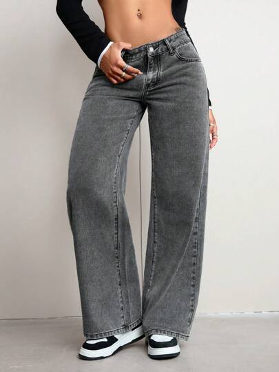 SHEIN ICON السراويل الجينز الكاجوال البسيطة ذات اللون الواضح للنساء