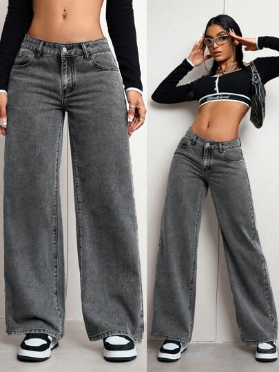 SHEIN ICON السراويل الجينز الكاجوال البسيطة ذات اللون الواضح للنساء